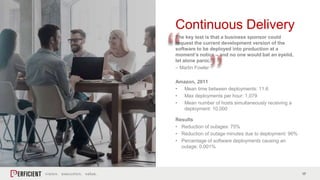 17
The key test is that a business sponsor could
request the current development version of the
software to be deployed into production at a
moment’s notice – and no one would bat an eyelid,
let alone panic.
– Martin Fowler
Continuous Delivery
Amazon, 2011
• Mean time between deployments: 11.6
• Max deployments per hour: 1,079
• Mean number of hosts simultaneously receiving a
deployment: 10,000
Results
• Reduction of outages: 75%
• Reduction of outage minutes due to deployment: 90%
• Percentage of software deployments causing an
outage: 0.001%
 