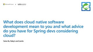 What does cloud native software
development mean to you and what advice
do you have for Spring devs considering
cloud?
Swiss Re, Raley’s and Liantis
 