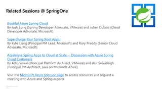 ©Microsoft Corporation
Azure
Related Sessions @ SpringOne
Bootiful Azure Spring Cloud
By Josh Long (Spring Developer Advocate, VMware) and Julien Dubois (Cloud
Developer Advocate, Microsoft)
Supercharge Your Spring Boot Apps!
By Kylie Liang (Principal PM Lead, Microsoft) and Rory Preddy (Senior Cloud
Advocate, Microsoft)
Accelerate Spring Apps to Cloud at Scale -- Discussion with Azure Spring
Cloud Customers
By Adib Saikali (Principal Platform Architect, VMware) and Asir Selvasingh
(Principal PM Architect, Java on Microsoft Azure)
Visit the Microsoft Azure sponsor page to access resources and request a
meeting with Azure and Spring experts
 