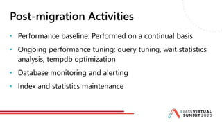 Post-migration Activities
• Performance baseline: Performed on a continual basis
• Ongoing performance tuning: query tuning, wait statistics
analysis, tempdb optimization
• Database monitoring and alerting
• Index and statistics maintenance
 