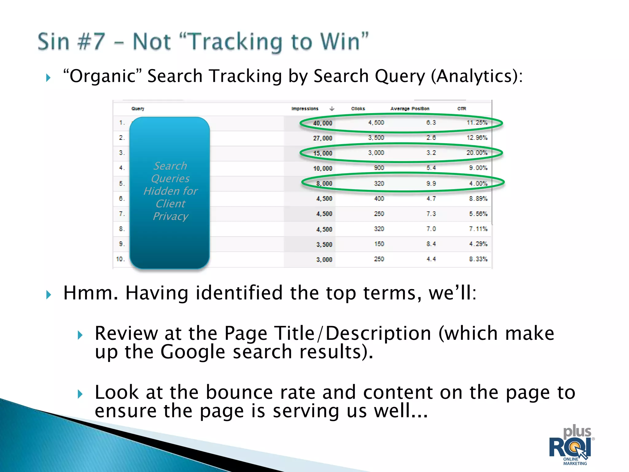    “Organic” Search Tracking by Search Query (Analytics):



                Search
               Queries
              Hidden for
                Client
                Privacy




   Hmm. Having identified the top terms, we’ll:

        Review at the Page Title/Description (which make
         up the Google search results).

        Look at the bounce rate and content on the page to
         ensure the page is serving us well...
 