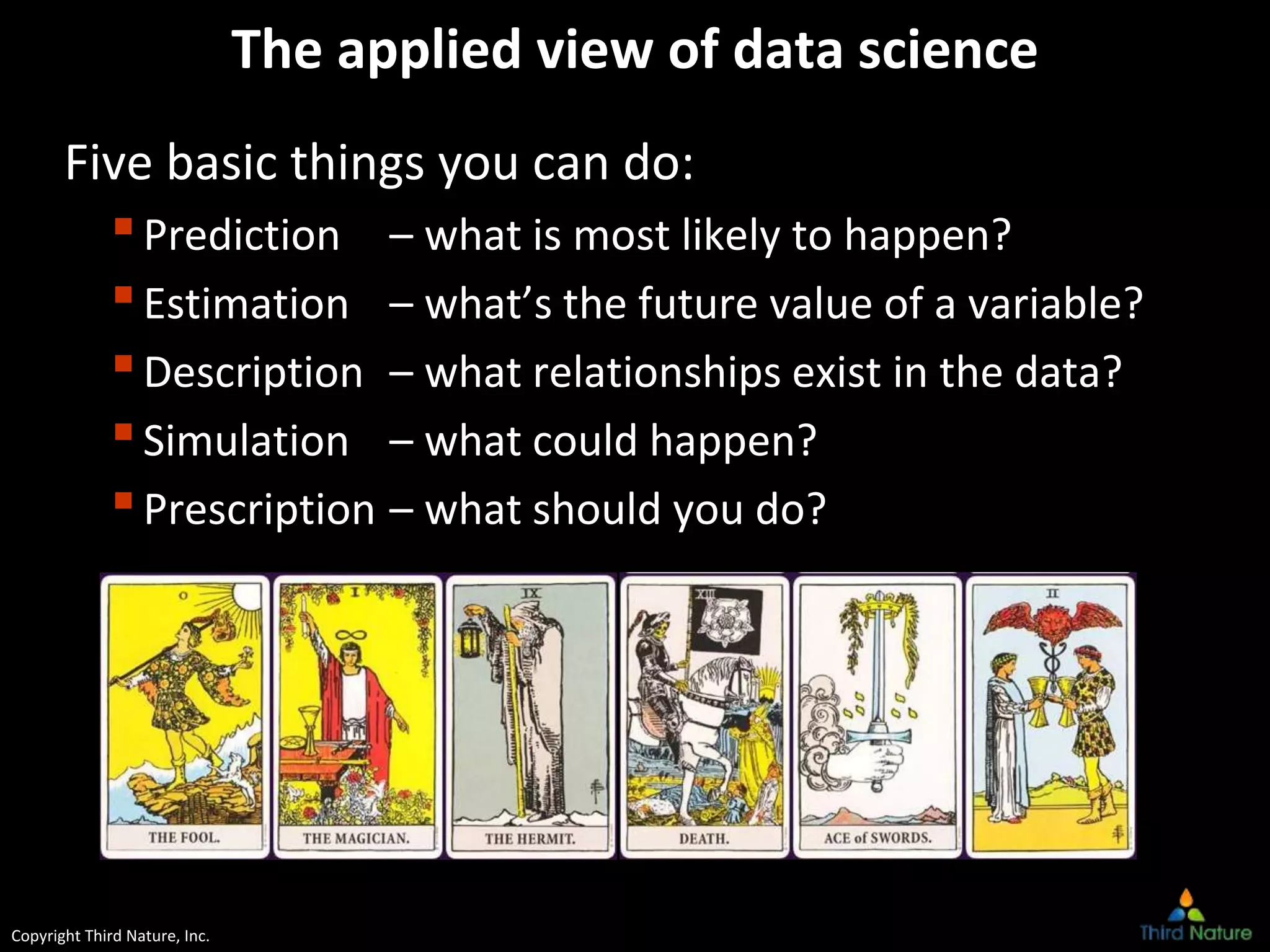 Copyright Third Nature, Inc.
The applied view of data science
Five basic things you can do:
▪Prediction – what is most likely to happen?
▪Estimation – what’s the future value of a variable?
▪Description – what relationships exist in the data?
▪Simulation – what could happen?
▪Prescription – what should you do?
Slide 10
Copyright Third Nature, Inc.
 