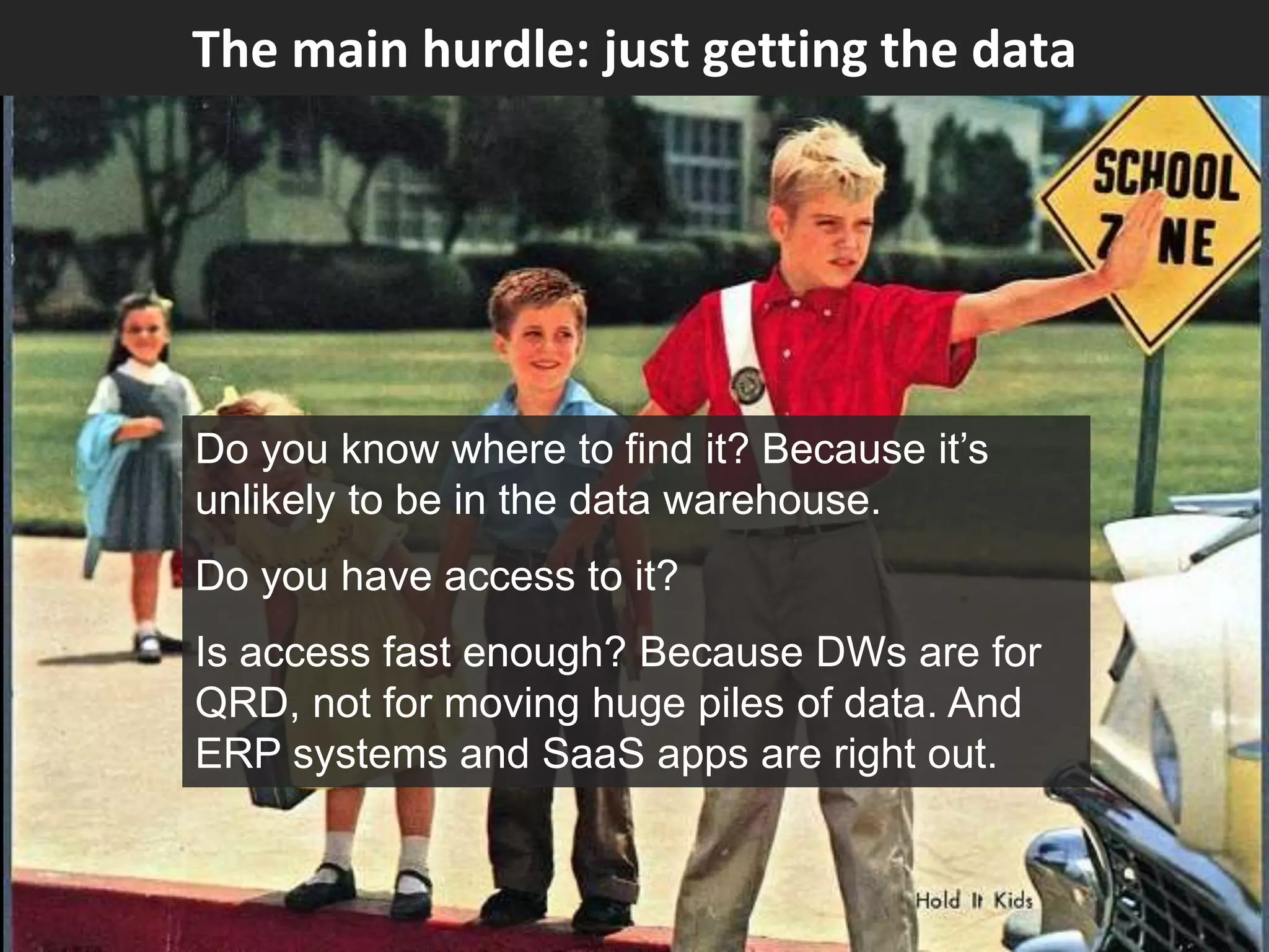 Copyright Third Nature, Inc.
The main hurdle: just getting the data
Do you know where to find it? Because it’s
unlikely to be in the data warehouse.
Do you have access to it?
Is access fast enough? Because DWs are for
QRD, not for moving huge piles of data. And
ERP systems and SaaS apps are right out.
 
