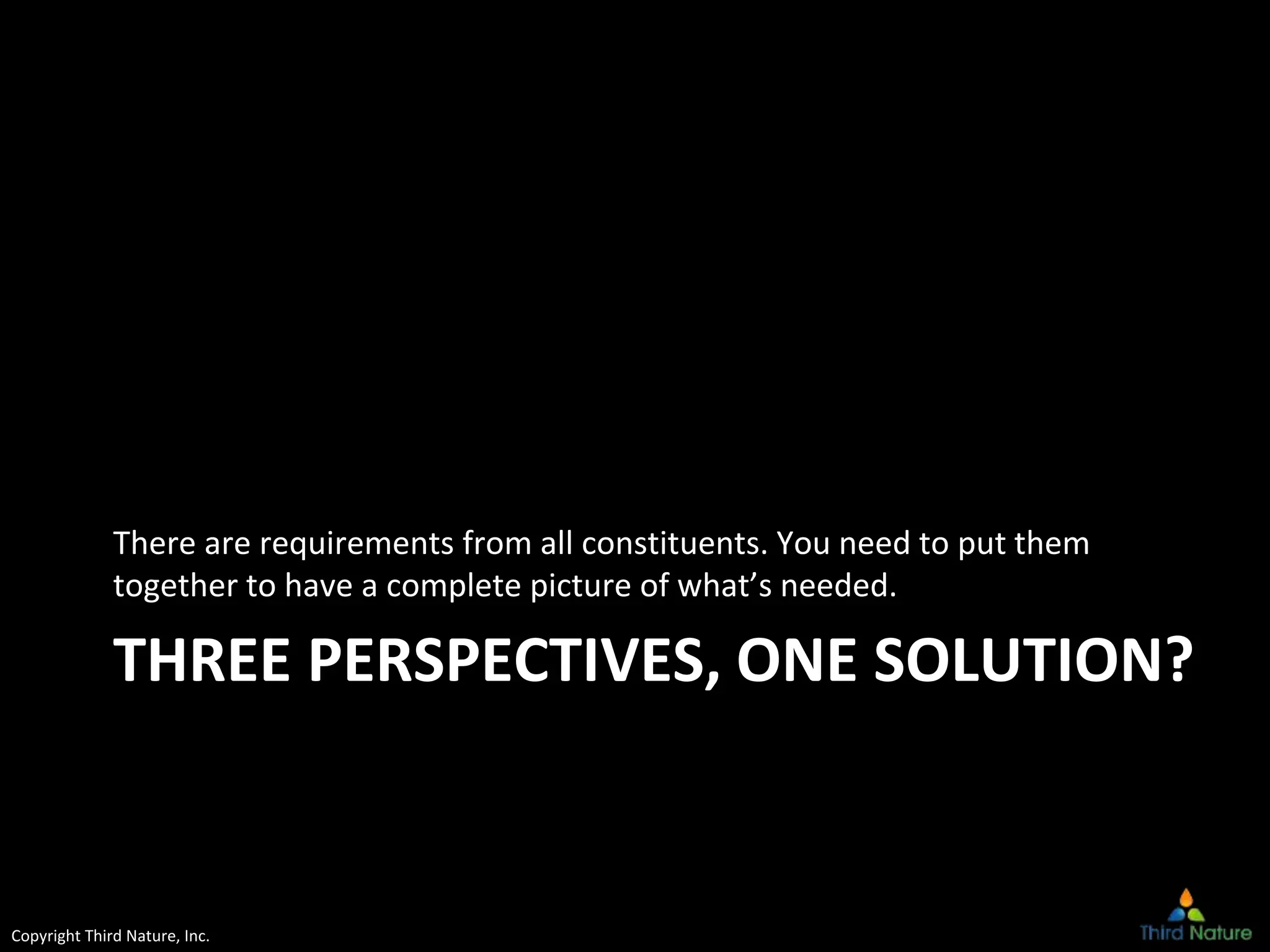 Copyright Third Nature, Inc.
THREE PERSPECTIVES, ONE SOLUTION?
There are requirements from all constituents. You need to put them
together to have a complete picture of what’s needed.
 