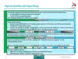 © Copyright IBM Corporation 2015
High Availability with HyperSwap
Site 1 Site 2
Host A Host B
Clustered Host C
Public
Fabric 1A
Public
Fabric 2A
Public ISL
Public
Fabric 1B
Public
Fabric 2B
Storage Storage
Site 3
Quorum
IBM Spectrum
Virtualize system
IBM Spectrum
Virtualize system
Private ISL
Private
Fabric 1
Private
Fabric 2
6
Public ISL
Hosts’ ports can be
• Zoned to see IBM Spectrum Virtualize system ports on both sites, and will be automatically
configured to use correct paths.
• Zoned only locally to simplify configuration, which only loses the ability for a host on one site to
continue in the absence of local IBM Spectrum Virtualize system nodes
Two SANs required for Enhanced Stretched Cluster, and recommended for HyperSwap:
• Private SAN for node-to-node communication
• Public SAN for everything else
See Redbook SG24-8211-00 for more details
Storage Systems can be
• IBM SVC for either HyperSwap or Enhanced Stretched Cluster
• IBM Storwize V5000, V7000 for HyperSwap only
Quorum provided by SCSI controller marked with “Extended Quorum support” on the
interoperability matrix.
Quorum storage must be in a 3rd site independent of site 1 and site 2, but visible by all nodes.
Storage systems need to be zoned/connected only to nodes/node canisters in their site (stretched
and hyperswap topologies only, excluding quorum storage)
 