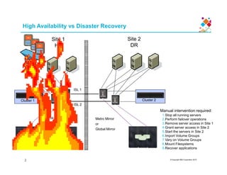 High Availability vs Disaster Recovery
Site 1
HA
Site 2
DR
© Copyright IBM Corporation 2015
ISL 1
Volume Mirroring Metro Mirror
or
Global Mirror
Cluster 2Cluster 1
ISL 2
Manual intervention required:
1.Stop all running servers
2.Perform failover operations
3.Remove server access in Site 1
4.Grant server access in Site 2
5.Start the servers in Site 2
6.Import Volume Groups
7.Vary on Volume Groups
8.Mount Filesystems
9.Recover applications
2
 
