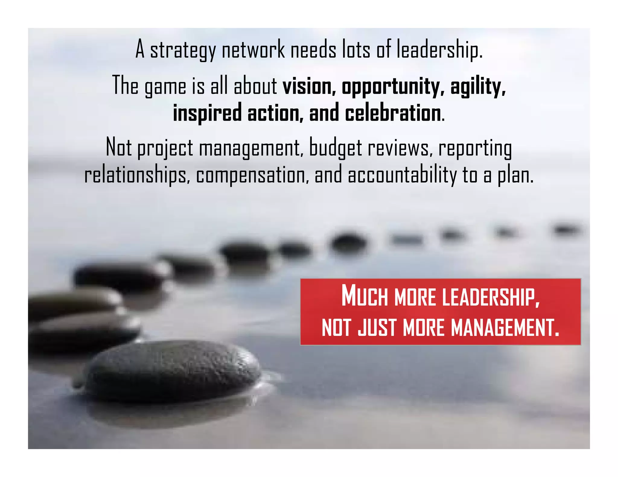 A strategy network needs lots of leadership.
The game is all about vision, opportunity, agility,
inspired action, and celebration.
Not project management, budget reviews, reporting
relationships, compensation, and accountability to a plan.
MUCH MORE LEADERSHIP,
NOT JUST MORE MANAGEMENT.
 