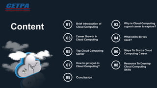 Content
Brief Introduction of
Cloud Computing
01
What skills do you
need?
02 Why is Cloud Computing
a good career to explore?
03 04
Top Cloud Computing
Career
05
How to get a job in
Cloud Computing?
06 Steps To Start a Cloud
Computing Career
07
Resource To Develop
Cloud Computing
Skills
08
Career Growth In
Cloud Computing
08 Conclusion
 