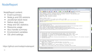 NodeReport
© 2016 IBM
NodeReport content:
 Event summary
 Node.js and OS versions
 JavaScript stack trace
 Native stack trace
 Heap and GC statistics
 Resource usage
 libuv handle summary
 Environment variables
 OS ulimit settings
https://github.com/nodejs/nodereport
14
 