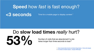 <3 seconds Time for a mobile page to display content ¹
53% Number of visits that are abandoned if a site
takes longer than three seconds to load ²
Speed how fast is fast enough?
Do slow load times really hurt?
1. New Industry Benchmarks for Mobile Page Speed - Think with Google
2. The Need for Mobile Speed - Google AdManager
 