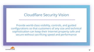 5
Cloudflare Security Vision
Provide world-class visibility, controls, and guided
configurations so that customers of any size and technical
sophistication can keep their Internet property safe and
secure without sacrificing speed and performance
5
 