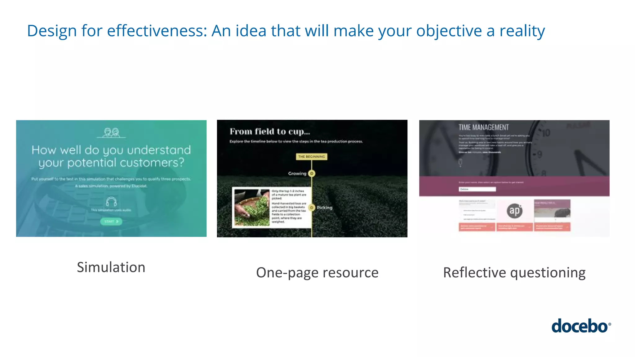 Design for effectiveness: An idea that will make your objective a reality
Simulation One-page resource Reflective questioning
 