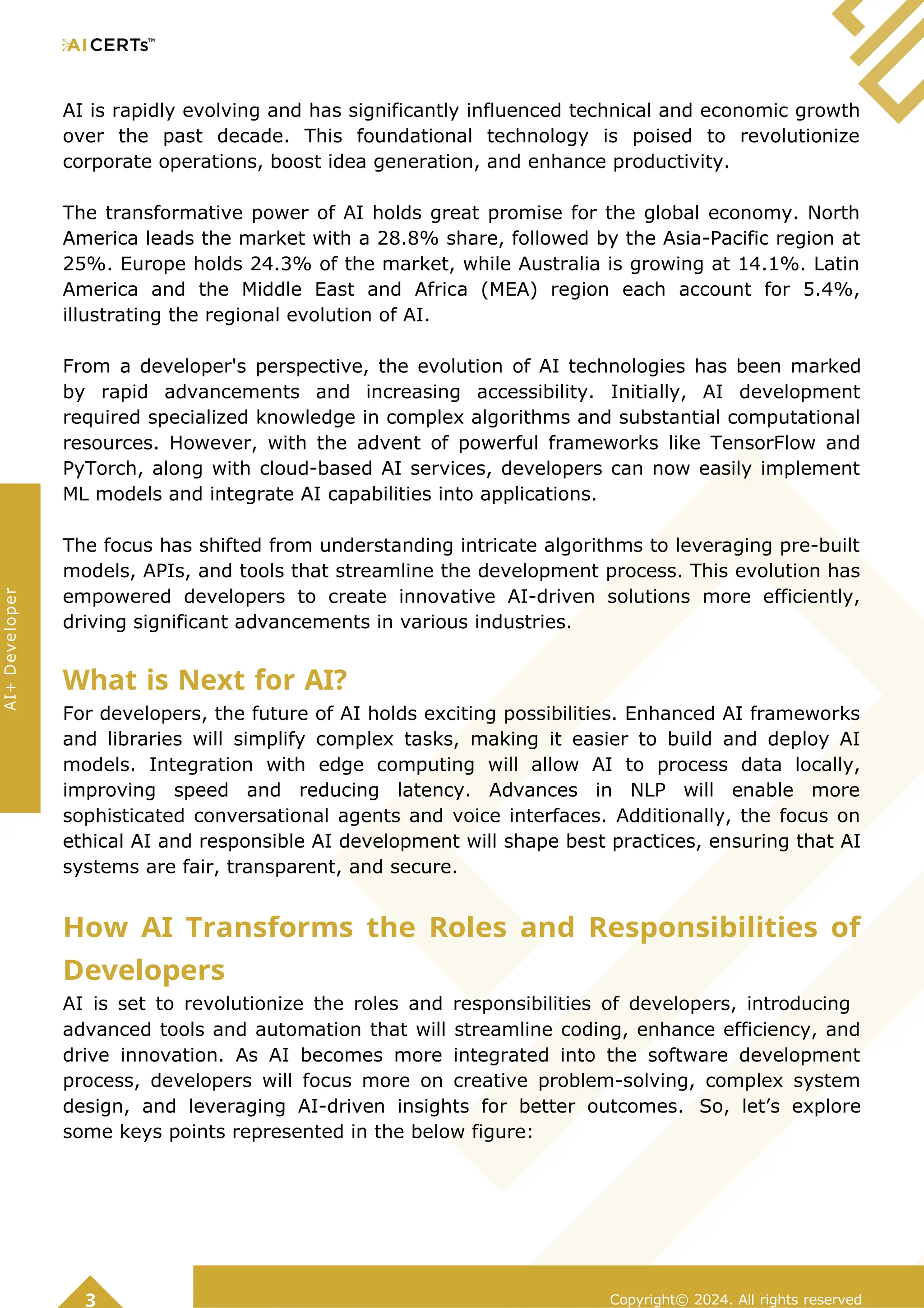 AI is rapidly evolving and has significantly influenced technical and economic growth
over the past decade. This foundational technology is poised to revolutionize
corporate operations, boost idea generation, and enhance productivity.
The transformative power of AI holds great promise for the global economy. North
America leads the market with a 28.8% share, followed by the Asia-Pacific region at
25%. Europe holds 24.3% of the market, while Australia is growing at 14.1%. Latin
America and the Middle East and Africa (MEA) region each account for 5.4%,
illustrating the regional evolution of AI.
From a developer's perspective, the evolution of AI technologies has been marked
by rapid advancements and increasing accessibility. Initially, AI development
required specialized knowledge in complex algorithms and substantial computational
resources. However, with the advent of powerful frameworks like TensorFlow and
PyTorch, along with cloud-based AI services, developers can now easily implement
ML models and integrate AI capabilities into applications.
The focus has shifted from understanding intricate algorithms to leveraging pre-built
models, APIs, and tools that streamline the development process. This evolution has
empowered developers to create innovative AI-driven solutions more efficiently,
driving significant advancements in various industries.
What is Next for AI?
For developers, the future of AI holds exciting possibilities. Enhanced AI frameworks
and libraries will simplify complex tasks, making it easier to build and deploy AI
models. Integration with edge computing will allow AI to process data locally,
improving speed and reducing latency. Advances in NLP will enable more
sophisticated conversational agents and voice interfaces. Additionally, the focus on
ethical AI and responsible AI development will shape best practices, ensuring that AI
systems are fair, transparent, and secure.
How AI Transforms the Roles and Responsibilities of
Developers
AI is set to revolutionize the roles and responsibilities of developers, introducing
advanced tools and automation that will streamline coding, enhance efficiency, and
drive innovation. As AI becomes more integrated into the software development
process, developers will focus more on creative problem-solving, complex system
design, and leveraging AI-driven insights for better outcomes. So, let’s explore
some keys points represented in the below figure:
Copyright© 2024. All rights reserved
3
AI+
Developer
 
