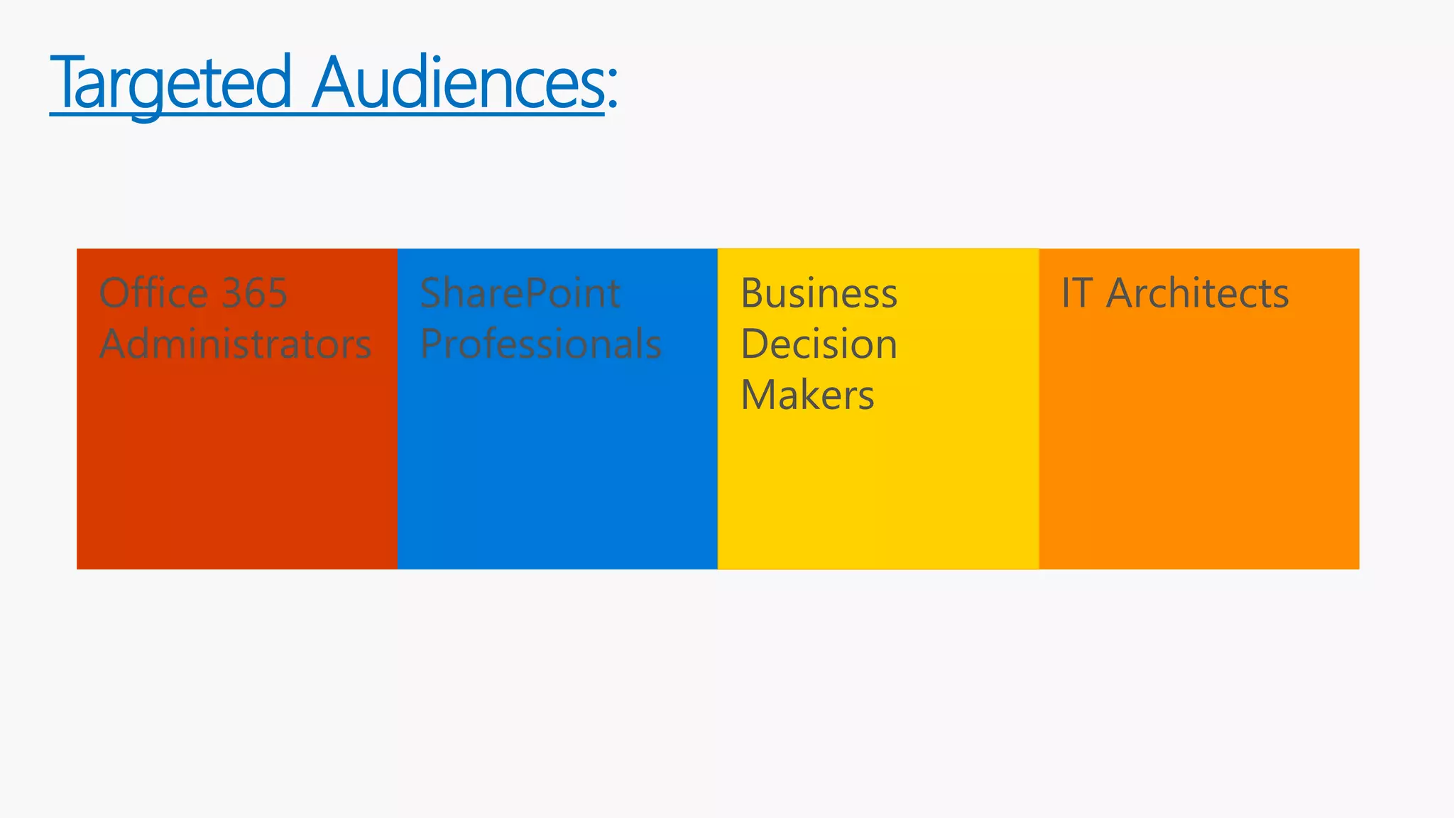 Targeted Audiences:
Office 365
Administrators
SharePoint
Professionals
IT ArchitectsBusiness
Decision
Makers
 