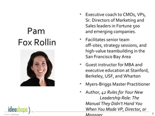 2© 2014, IdeaShape
Pam
Fox Rollin
• Executive coach to CMOs, VPs,
Sr. Directors of Marketing and
Sales leaders in Fortune 500
and emerging companies.
• Facilitates senior team
off-sites, strategy sessions, and
high-value teambuilding in the
San Francisco Bay Area
• Guest instructor for MBA and
executive education at Stanford,
Berkeley, USF, and Wharton
• Myers-Briggs Master Practitioner
• Author, 42 Rules for Your New
Leadership Role: The
Manual They Didn’t Hand You
When You Made VP, Director, or
 