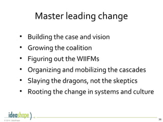 36© 2014, IdeaShape
Master leading change
• Building the case and vision
• Growing the coalition
• Figuring out the WIIFMs
• Organizing and mobilizing the cascades
• Slaying the dragons, not the skeptics
• Rooting the change in systems and culture
 