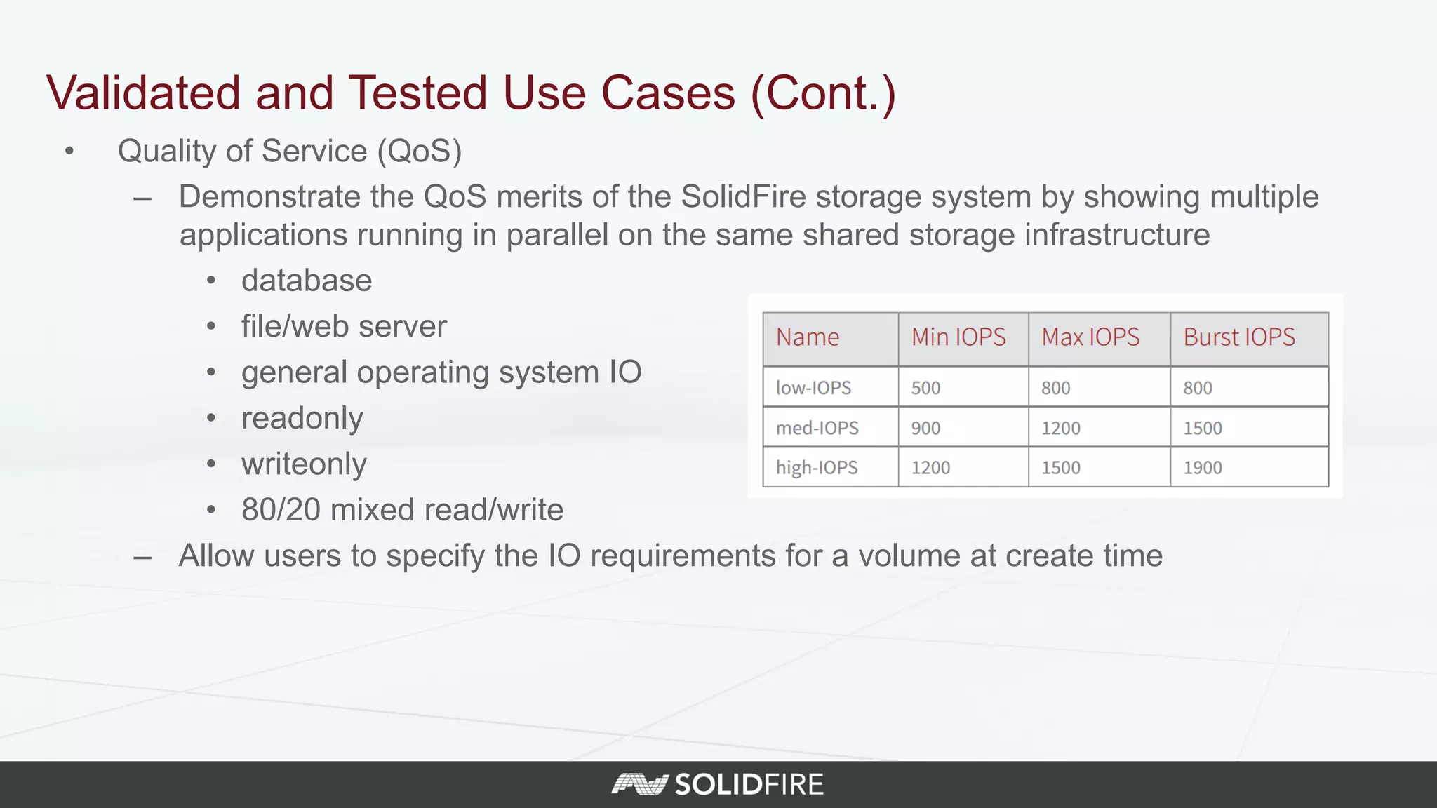 •  Quality of Service (QoS)
–  Demonstrate the QoS merits of the SolidFire storage system by showing multiple
applications running in parallel on the same shared storage infrastructure
•  database
•  file/web server
•  general operating system IO
•  readonly
•  writeonly
•  80/20 mixed read/write
–  Allow users to specify the IO requirements for a volume at create time
Validated and Tested Use Cases (Cont.)
 