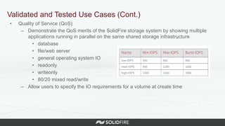 •  Quality of Service (QoS)
–  Demonstrate the QoS merits of the SolidFire storage system by showing multiple
applications running in parallel on the same shared storage infrastructure
•  database
•  file/web server
•  general operating system IO
•  readonly
•  writeonly
•  80/20 mixed read/write
–  Allow users to specify the IO requirements for a volume at create time
Validated and Tested Use Cases (Cont.)
 