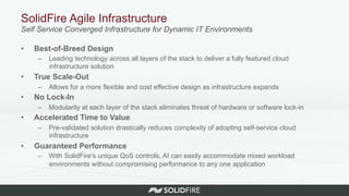 SolidFire Agile Infrastructure
Self Service Converged Infrastructure for Dynamic IT Environments
•  Best-of-Breed Design
–  Leading technology across all layers of the stack to deliver a fully featured cloud
infrastructure solution
•  True Scale-Out
–  Allows for a more flexible and cost effective design as infrastructure expands
•  No Lock-In
–  Modularity at each layer of the stack eliminates threat of hardware or software lock-in
•  Accelerated Time to Value
–  Pre-validated solution drastically reduces complexity of adopting self-service cloud
infrastructure
•  Guaranteed Performance
–  With SolidFire’s unique QoS controls, AI can easily accommodate mixed workload
environments without compromising performance to any one application
 