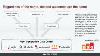 Regardless of the name, desired outcomes are the same
“The	
  demands	
  of	
  this	
  NGDC-­‐
approach	
  are	
  now	
  being	
  felt	
  
strongly	
  by	
  IT	
  organiza>ons	
  
of	
  all	
  types;	
  so	
  much	
  so	
  that	
  
one	
  can	
  see	
  data	
  centers	
  in	
  
the	
  next	
  few	
  years	
  either	
  
embracing	
  such	
  a	
  move	
  
themselves,	
  or	
  buying	
  their	
  
IT	
  services	
  from	
  someone	
  
that	
  does.”	
  
	
  
Mark	
  Peters,	
  ESG	
  
	
  
Next	
  Genera*on	
  Data	
  Center	
  
	
  
	
  
	
  
SoKware	
  Deﬁned	
  
Data	
  Center	
  
Infrastructure	
  2.0	
   Cloud	
  Compu>ng	
  
Private	
  Cloud	
   IT	
  as	
  a	
  Service	
  
Agile Scalable Automated Predictable
 