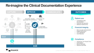 Re-imagine the Clinical Documentation Experience 
CAPTURE IMPROVE COMMUNICATE OUTCOMES 
• Complete/accurate 
documentation 
• Improved care decisions 
• Reduced medical errors 
• More accurate reimbursement 
• Budget performance 
• CCG negotiations 
• Cost Reduction 
© 2002-2013 Nuance Communications, Inc. All rights reserved. Page 10 
Guaranteed CDI 
EHR 
On a PC 
MFP 
At a dictation 
station 
RIS/PACS 
In EHR 
MT-editing 
In EHR 
self-editing 
On the go 
CLU 
Flag quality 
reporting omissions 
Automated, clinically 
appropriate CDI clarifications 
Results 
SNOMED CT® 
Extract 
and code 
clinical facts 
£ 
Patient care 
Financial integrity 
Compliance 
• Clinical Doc Turn Around Time 
• EHR adoption 
• Medical Necessity 
• Reduced Audit Risk 
 