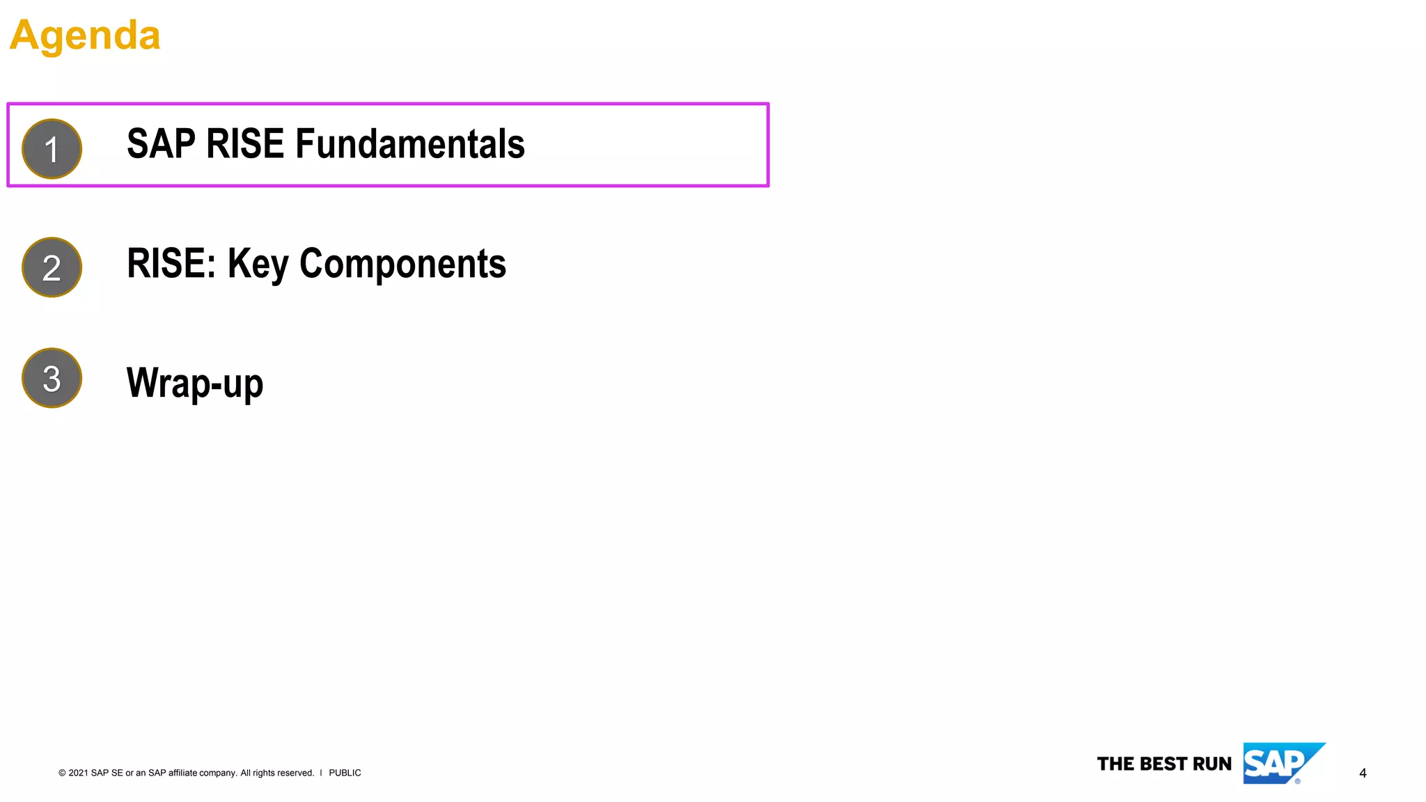 4
PUBLIC
© 2021 SAP SE or an SAP affiliate company. All rights reserved. ǀ
Agenda
SAP RISE Fundamentals
RISE: Key Components
Wrap-up
1
2
3
 