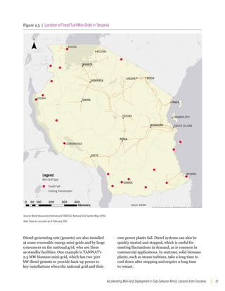 27
Accelerating Mini-Grid Deployment in Sub-Saharan Africa: Lessons from Tanzania
Diesel-generating sets (gensets) are also installed
at some renewable energy mini-grids and by large
consumers on the national grid, who use them
as standby facilities. One example is TANWAT’s
2.5 MW biomass mini-grid, which has two 300
kW diesel gensets to provide back-up power to
key installations when the national grid and their
own power plants fail. Diesel systems can also be
quickly started and stopped, which is useful for
meeting fluctuations in demand, as is common in
commercial applications. In contrast, solid biomass
plants, such as steam turbines, take a long time to
cool down after stopping and require a long time
to restart.
Figure 2.5 | Location of Fossil Fuel Mini-Grids in Tanzania
Esri, HERE, DeLorme, MapmyIndia, © OpenStreetMap contributors, and the GIS user community
KIGOMA
IRINGA
SONGEA
DODOMA
MUSOMA
MWANZA
SHINYANGA
ARUSHA MOSHI
TABORA
MOROGORO
SUMBAWANGA
MBEYA
BUKOBA
TANGA
MTWARA
ZANZIBAR CITY
DAR ES SALAAM
Kilometers Datum: WGS84
0 50 100 200 300 400
Mini-Grid Type
Fossil Fuel
Existing Transmission
Legend
Source: World Resources Institute and TANESCO, National Grid System Map (2015).
Note: Data are accurate as of February 2016.
 
