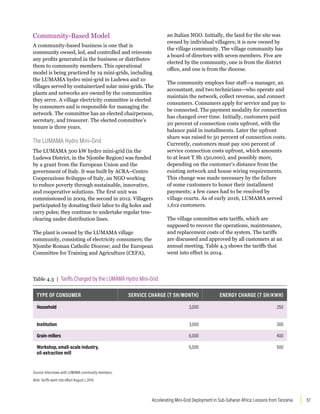 57
Accelerating Mini-Grid Deployment in Sub-Saharan Africa: Lessons from Tanzania
Community-Based Model
A community-based business is one that is
community owned, led, and controlled and reinvests
any profits generated in the business or distributes
them to community members. This operational
model is being practiced by 19 mini-grids, including
the LUMAMA hydro mini-grid in Ludewa and 10
villages served by containerized solar mini-grids. The
plants and networks are owned by the communities
they serve. A village electricity committee is elected
by consumers and is responsible for managing the
network. The committee has an elected chairperson,
secretary, and treasurer. The elected committee’s
tenure is three years.
The LUMAMA Hydro Mini-Grid
The LUMAMA 300 kW hydro mini-grid (in the
Ludewa District, in the Njombe Region) was funded
by a grant from the European Union and the
government of Italy. It was built by ACRA–Centro
Cooperazione Sviluppo of Italy, an NGO working
to reduce poverty through sustainable, innovative,
and cooperative solutions. The first unit was
commissioned in 2009, the second in 2012. Villagers
participated by donating their labor to dig holes and
carry poles; they continue to undertake regular tree-
clearing under distribution lines.
The plant is owned by the LUMAMA village
community, consisting of electricity consumers; the
Njombe Roman Catholic Diocese; and the European
Committee for Training and Agriculture (CEFA),
an Italian NGO. Initially, the land for the site was
owned by individual villagers; it is now owned by
the village community. The village community has
a board of directors with seven members. Five are
elected by the community, one is from the district
office, and one is from the diocese.
The community employs four staff—a manager, an
accountant, and two technicians—who operate and
maintain the network, collect revenue, and connect
consumers. Consumers apply for service and pay to
be connected. The payment modality for connection
has changed over time. Initially, customers paid
20 percent of connection costs upfront, with the
balance paid in installments. Later the upfront
share was raised to 50 percent of connection costs.
Currently, customers must pay 100 percent of
service connection costs upfront, which amounts
to at least T Sh 150,000), and possibly more,
depending on the customer’s distance from the
existing network and house wiring requirements.
This change was made necessary by the failure
of some customers to honor their installment
payments; a few cases had to be resolved by
village courts. As of early 2016, LUMAMA served
1,612 customers.
The village committee sets tariffs, which are
supposed to recover the operations, maintenance,
and replacement costs of the system. The tariffs
are discussed and approved by all customers at an
annual meeting. Table 4.3 shows the tariffs that
went into effect in 2014.
Table 4.3 | Tariffs Charged by the LUMAMA Hydro Mini-Grid
TYPE OF CONSUMER SERVICE CHARGE (T SH/MONTH) ENERGY CHARGE (T SH/KWH)
Household 3,000 250
Institution 3,000 300
Grain-millers 6,000 400
Workshop, small-scale industry,
oil-extraction mill
6,000 500
Source: Interviews with LUMAMA community members.
Note: Tariffs went into effect August 1, 2014.
 