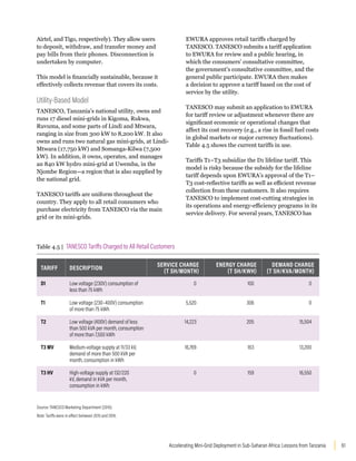 61
Accelerating Mini-Grid Deployment in Sub-Saharan Africa: Lessons from Tanzania
Airtel, and Tigo, respectively). They allow users
to deposit, withdraw, and transfer money and
pay bills from their phones. Disconnection is
undertaken by computer.
This model is financially sustainable, because it
effectively collects revenue that covers its costs.
Utility-Based Model
TANESCO, Tanzania’s national utility, owns and
runs 17 diesel mini-grids in Kigoma, Rukwa,
Ruvuma, and some parts of Lindi and Mtwara,
ranging in size from 300 kW to 8,200 kW. It also
owns and runs two natural gas mini-grids, at Lindi-
Mtwara (17,750 kW) and Somanga-Kilwa (7,500
kW). In addition, it owns, operates, and manages
an 840 kW hydro mini-grid at Uwemba, in the
Njombe Region—a region that is also supplied by
the national grid.
TANESCO tariffs are uniform throughout the
country. They apply to all retail consumers who
purchase electricity from TANESCO via the main
grid or its mini-grids.
EWURA approves retail tariffs charged by
TANESCO. TANESCO submits a tariff application
to EWURA for review and a public hearing, in
which the consumers’ consultative committee,
the government’s consultative committee, and the
general public participate. EWURA then makes
a decision to approve a tariff based on the cost of
service by the utility.
TANESCO may submit an application to EWURA
for tariff review or adjustment whenever there are
significant economic or operational changes that
affect its cost recovery (e.g., a rise in fossil fuel costs
in global markets or major currency fluctuations).
Table 4.5 shows the current tariffs in use.
Tariffs T1–T3 subsidize the D1 lifeline tariff. This
model is risky because the subsidy for the lifeline
tariff depends upon EWURA’s approval of the T1–
T3 cost-reflective tariffs as well as efficient revenue
collection from these customers. It also requires
TANESCO to implement cost-cutting strategies in
its operations and energy-efficiency programs in its
service delivery. For several years, TANESCO has
Table 4.5 | TANESCO Tariffs Charged to All Retail Customers
TARIFF DESCRIPTION
SERVICE CHARGE
(T SH/MONTH)
ENERGY CHARGE
(T SH/KWH)
DEMAND CHARGE
(T SH/KVA/MONTH)
D1 Low voltage (230V) consumption of
less than 75 kWh
0 100 0
T1 Low voltage (230–400V) consumption
of more than 75 kWh
5,520 306 0
T2 Low voltage (400V) demand of less
than 500 kVA per month, consumption
of more than 7,500 kWh
14,223 205 15,504
T3 MV Medium-voltage supply at 11/33 kV,
demand of more than 500 kVA per
month, consumption in kWh
16,769 163 13,200
T3 HV High-voltage supply at 132/220
kV, demand in kVA per month,
consumption in kWh
0 159 16,550
Source: TANESCO Marketing Department (2016).
Note: Tariffs were in effect between 2015 and 2016.
 