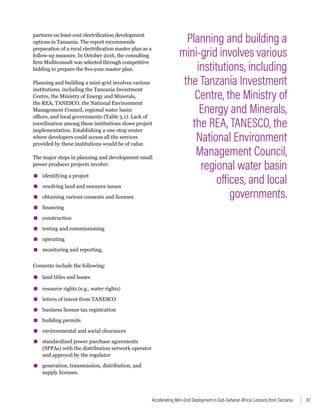 67
Accelerating Mini-Grid Deployment in Sub-Saharan Africa: Lessons from Tanzania
partners on least-cost electrification development
options in Tanzania. The report recommends
preparation of a rural electrification master plan as a
follow-up measure. In October 2016, the consulting
firm Multiconsult was selected through competitive
bidding to prepare the five-year master plan.
Planning and building a mini-grid involves various
institutions, including the Tanzania Investment
Centre, the Ministry of Energy and Minerals,
the REA, TANESCO, the National Environment
Management Council, regional water basin
offices, and local governments (Table 5.1). Lack of
coordination among these institutions slows project
implementation. Establishing a one-stop center
where developers could access all the services
provided by these institutions would be of value.
The major steps in planning and development small
power producer projects involve:
▪
▪ identifying a project
▪
▪ resolving land and resource issues
▪
▪ obtaining various consents and licenses
▪
▪ financing
▪
▪ construction
▪
▪ testing and commissioning
▪
▪ operating
▪
▪ monitoring and reporting.
Consents include the following:
▪
▪ land titles and leases
▪
▪ resource rights (e.g., water rights)
▪
▪ letters of intent from TANESCO
▪
▪ business license tax registration
▪
▪ building permits
▪
▪ environmental and social clearances
▪
▪ standardized power purchase agreements
(SPPAs) with the distribution network operator
and approval by the regulator
▪
▪ generation, transmission, distribution, and
supply licenses.
Planning and building a
mini-grid involves various
institutions, including
the Tanzania Investment
Centre, the Ministry of
Energy and Minerals,
the REA, TANESCO, the
National Environment
Management Council,
regional water basin
offices, and local
governments.
 