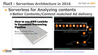 fluct - Serverless Architecture in 2016
Serverless for Analyzing contents
vBetter Contents/Context matched Ad delivery
https://speakerdeck.com/suzuken/how-to-use-aws-lambda-in-document-processing-pipeline
 