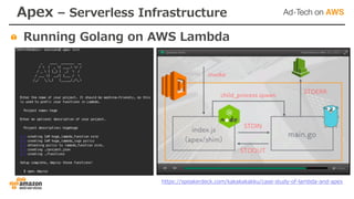 https://speakerdeck.com/kakakakakku/case-study-of-lambda-and-apex
Apex – Serverless Infrastructure
Running Golang on AWS Lambda
 