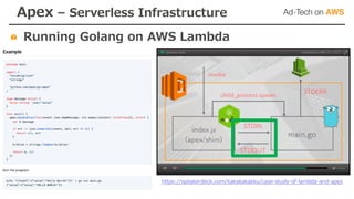 https://speakerdeck.com/kakakakakku/case-study-of-lambda-and-apex
Running Golang on AWS Lambda
Apex – Serverless Infrastructure
 