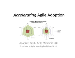 Accelera'ng	Agile	Adop*on	
Adonis	El	Fakih,	Agile	MindShi5	LLC	
Presented	at	Agile	New	England	(June	2016)	
 
