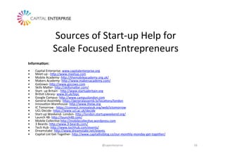 Sources	
  of	
  Start-­‐up	
  Help	
  for	
  
Scale	
  Focused	
  Entrepreneurs	
  
InformaGon:	
  	
  
	
  
•  Capital	
...