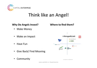 Think	
  like	
  an	
  Angel!	
  
Why	
  Do	
  Angels	
  Invest?	
   Where	
  to	
  ﬁnd	
  them?	
  
www.capitallist.co	
 ...