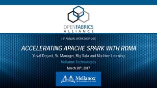 13th ANNUAL WORKSHOP 2017
ACCELERATING APACHE SPARK WITH RDMA
Yuval Degani, Sr. Manager, Big Data and Machine Learning
March 28th, 2017
Mellanox Technologies
 