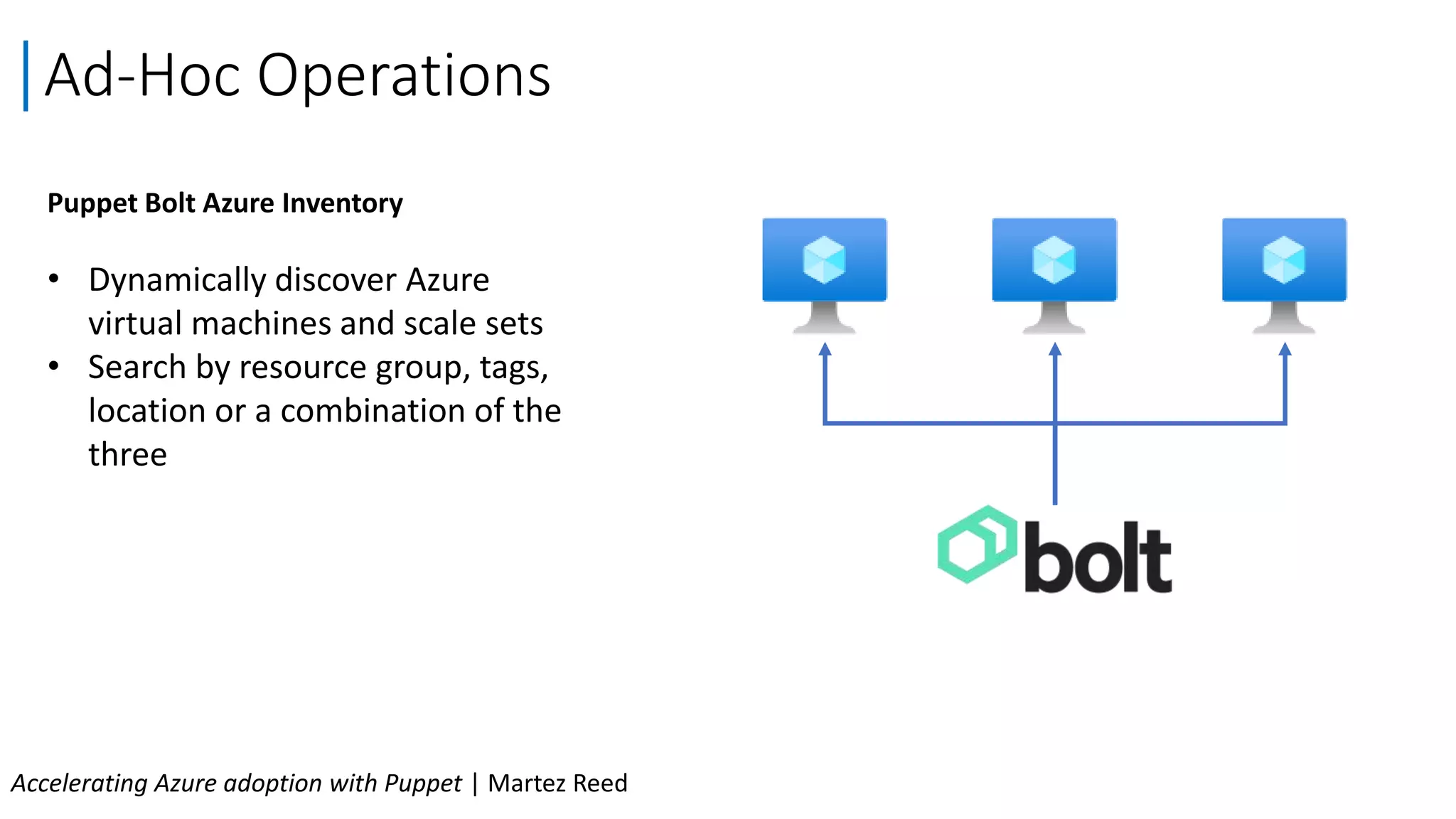 Puppet Bolt Azure Inventory
• Dynamically discover Azure
virtual machines and scale sets
• Search by resource group, tags,
location or a combination of the
three
Ad-Hoc Operations
Accelerating Azure adoption with Puppet | Martez Reed
 