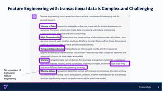 FeatureByte
Feature Engineering with transactional data is Complex and Challenging
9
No equivalent of
Xgboost in
feature
engineering
 