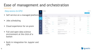9
§ Self service on a managed platform
§ Jobs scheduling
§ Cloud experience for on-prem
§ Full and open data science
environment at the click of a
button
§ Built-in integration for Jupyter and
GPU
Ease of management and orchestration
Easy access to GPU
 
