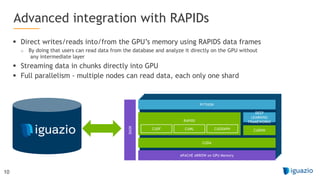 10
§ Direct writes/reads into/from the GPU’s memory using RAPIDS data frames
o By doing that users can read data from the database and analyze it directly on the GPU without
any intermediate layer
§ Streaming data in chunks directly into GPU
§ Full parallelism - multiple nodes can read data, each only one shard
Advanced integration with RAPIDs
CUDA
PYTHON
APACHE ARROW on GPU Memory
DASK
DEEP
LEARNING
FRAMEWORKS
CUDNN
RAPIDS
CUMLCUDF CUGRAPH
 