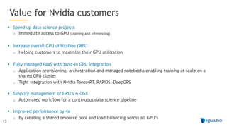 13
§ Speed up data science projects
o Immediate access to GPU (training and inferencing)
§ Increase overall GPU utilization (90%)
o Helping customers to maximize their GPU utilization
§ Fully managed PaaS with built-in GPU integration
o Application provisioning, orchestration and managed notebooks enabling training at scale on a
shared GPU cluster
o Tight integration with Nvidia TensorRT, RAPIDS, DeepOPS
§ Simplify management of GPU’s & DGX
o Automated workflow for a continuous data science pipeline
§ Improved performance by 4x
o By creating a shared resource pool and load balancing across all GPU’s
Value for Nvidia customers
 