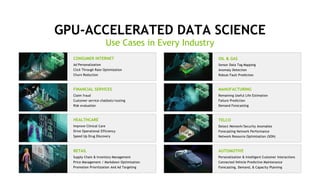 6
GPU-ACCELERATED DATA SCIENCE
Use Cases in Every Industry
Ad Personalization
Click Through Rate Optimization
Churn Reduction
CONSUMER INTERNET
Claim fraud
Customer service chatbots/routing
Risk evaluation
FINANCIAL SERVICES
Remaining Useful Life Estimation
Failure Prediction
Demand Forecasting
MANUFACTURING
Detect Network/Security Anomalies
Forecasting Network Performance
Network Resource Optimization (SON)
TELCO
Supply Chain & Inventory Management
Price Management / Markdown Optimization
Promotion Prioritization And Ad Targeting
RETAIL
Personalization & Intelligent Customer Interactions
Connected Vehicle Predictive Maintenance
Forecasting, Demand, & Capacity Planning
AUTOMOTIVE
Sensor Data Tag Mapping
Anomaly Detection
Robust Fault Prediction
OIL & GAS
Improve Clinical Care
Drive Operational Efficiency
Speed Up Drug Discovery
HEALTHCARE
 