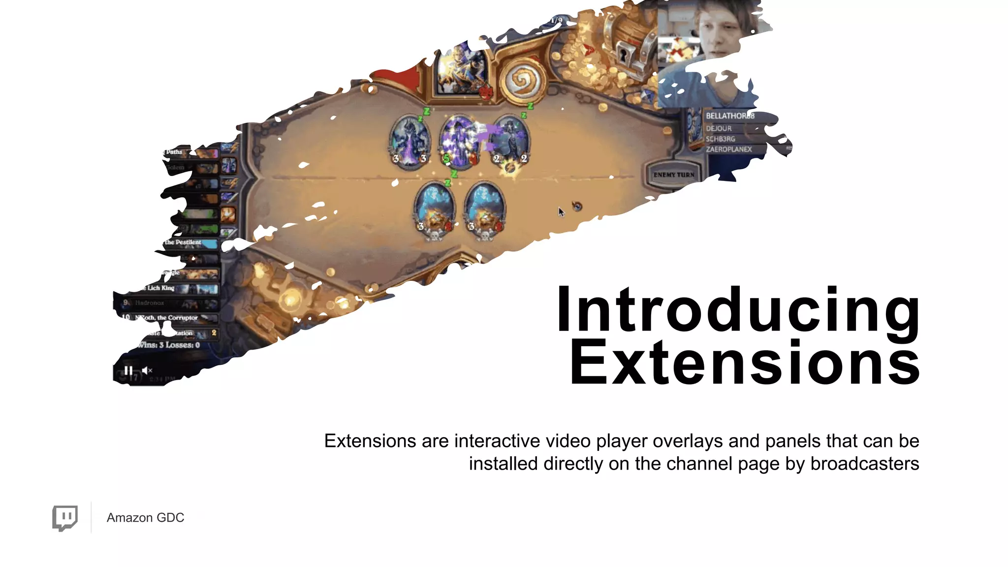 Amazon GDCAmazon GDC
Introducing
Extensions
Extensions are interactive video player overlays and panels that can be
installed directly on the channel page by broadcasters
 