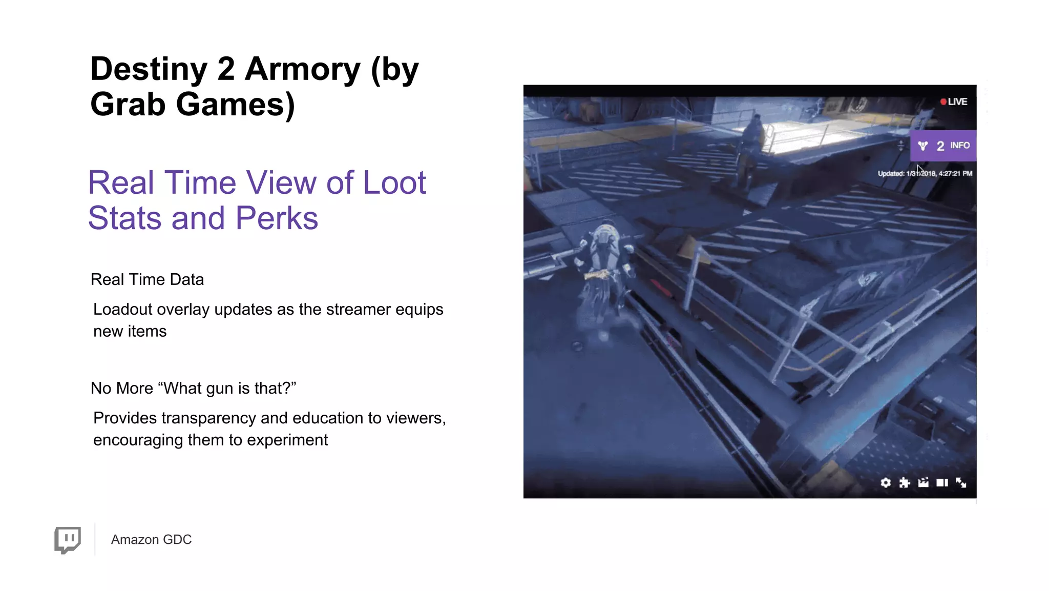 Amazon GDC
Real Time View of Loot
Stats and Perks
Destiny 2 Armory (by
Grab Games)
Provides transparency and education to viewers,
encouraging them to experiment
Loadout overlay updates as the streamer equips
new items
Real Time Data
No More “What gun is that?”
 