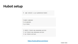 Hubot setup
https://hubot.github.com/docs/
Credits: Hubot
 