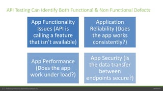 perfecto.io12 | Perfecto by Perforce © 2020 Perforce Software, Inc.
API Testing Can Identify Both Functional & Non Functional Defects
App Functionality
Issues (API is
calling a feature
that isn’t available)
Application
Reliability (Does
the app works
consistently?)
App Performance
(Does the app
work under load?)
App Security (Is
the data transfer
between
endpoints secure?)
 