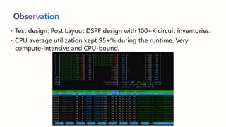Observation
 Test design: Post Layout DSPF design with 100+K circuit inventories.
 CPU average utilization kept 95+% during the runtime. Very
compute-intensive and CPU-bound.
 
