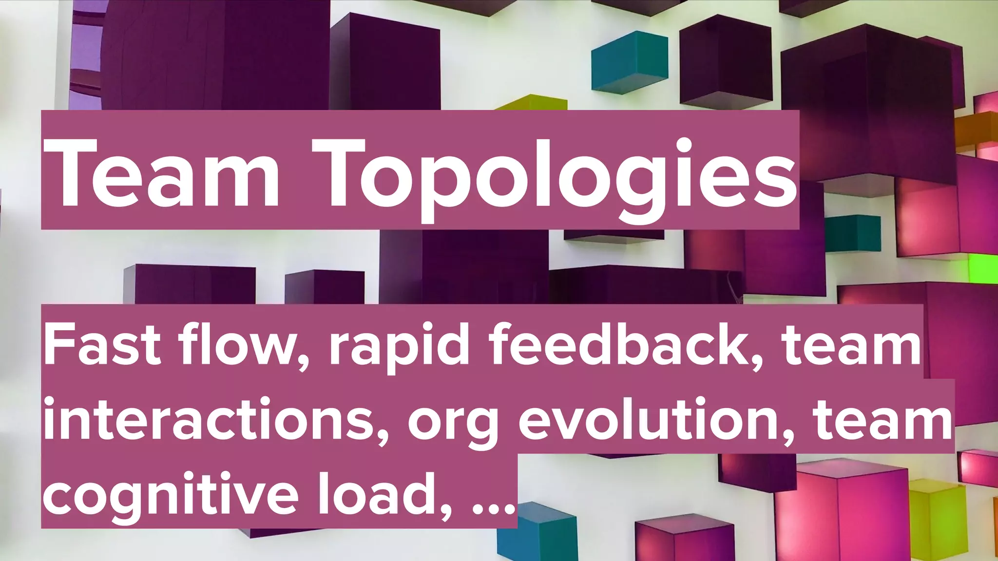 55
Team Topologies
Fast ﬂow, rapid feedback, team
interactions, org evolution, team
cognitive load, ...
 