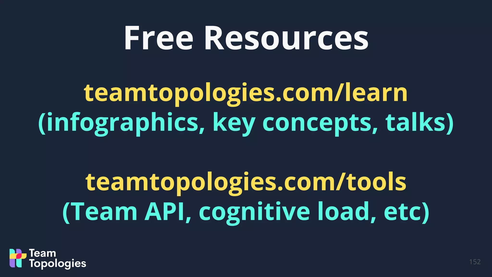 Free Resources
152
teamtopologies.com/learn
(infographics, key concepts, talks)
teamtopologies.com/tools
(Team API, cognitive load, etc)
 